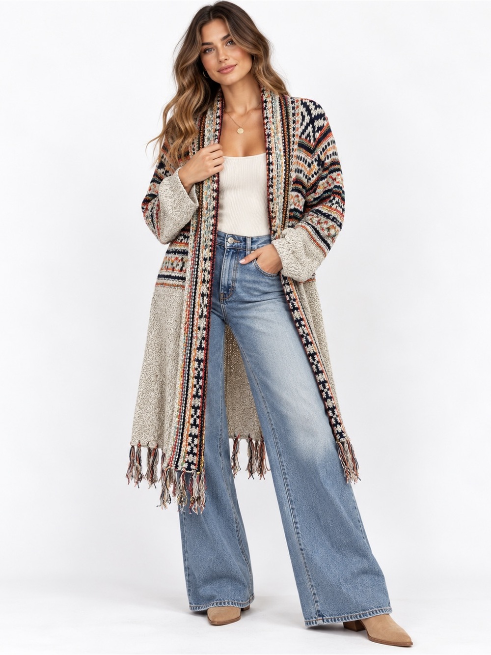 R Fashion Apparel L/XL Boho Geometric Fringe Open Front Long Cardigan NWT